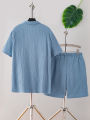 New adult summer open chest button short sleeved+loose shorts casual outfit. 