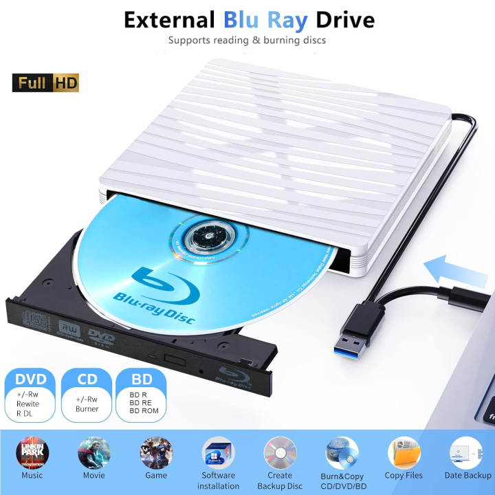 Bd Writer External Blu Ray Drive, USB 3.0 & Type-C 3D Blu-ray Burner Player,DVD ...