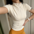 Summer High Quality Waist Slimming Training Tops Women's Quick-drying Tight Stand Collar Full Zipper Short Sleeves Yoga Shirts. 