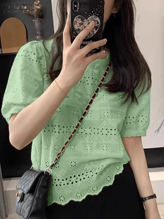 ZANZEA Puff Short Sleeve Women Blouses Casual Summer 2024 Lace Embroidery Korean Fashion Shirts O Neck Hollow Out Solid Blusas