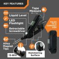 "Kelvin Tools Multipurpose - Ultimate Multitool with 13 Screwdriver Bits, LED Flashlight, Liquid Level, Snap-Action Screwdriver, 3ft Measuring Tape, Carbon Steel Hammering Surface - Perfect for Camping, Hiking, DIY, Survival, Emergency Kit - All-in-One To. 