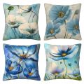 A set of 4 cushion covers, blue flower home decoration square pillow case. 