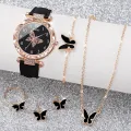 6PCS/Set Women's Watch Fashion Rhinestone Leather Band Quartz Watches Butterfly Jewelry Set(Without Box). 