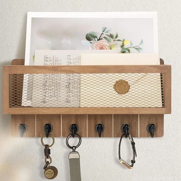 Wooden Key Rack Key And Mail Holder Wall with 6 Wall Hooks Hanging ...