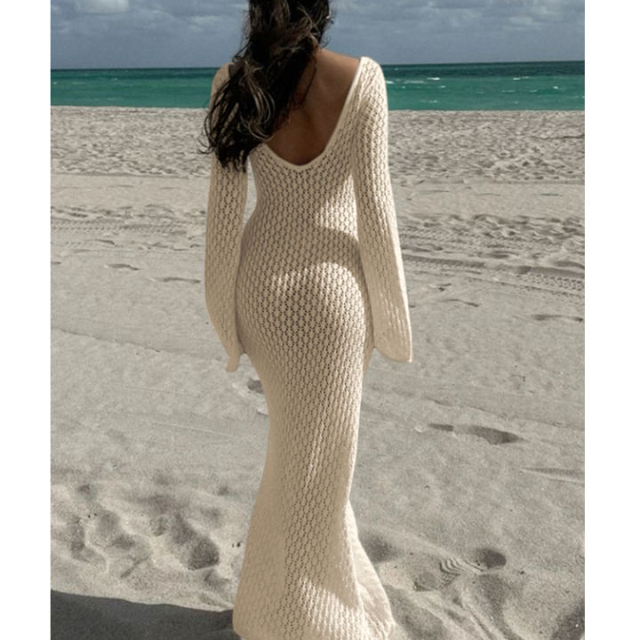 New%20Style%20Knitting%20Hollow%20Out%20V-Neck%20Long%20Sleeve%20Dress%20Ladies%20Beach%20Holiday%20Backless%20Bikini%20Cover-Ups%20Sunscreen%20Long%20Dress%20-%20Image%202
