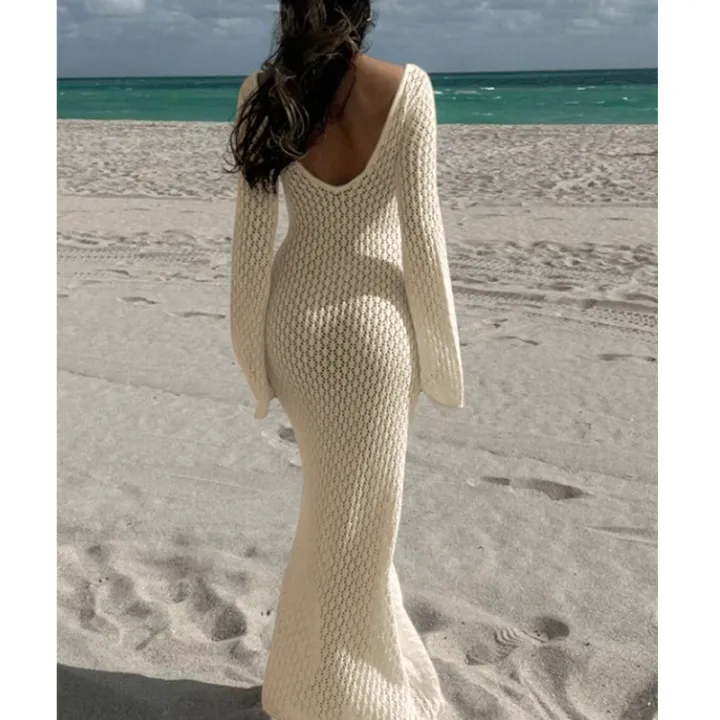 New%20Style%20Knitting%20Hollow%20Out%20V-Neck%20Long%20Sleeve%20Dress%20Ladies%20Beach%20Holiday%20Backless%20Bikini%20Cover-Ups%20Sunscreen%20Long%20Dress%20-%20Image%202
