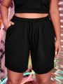 Plus Size Solid Drawstring Shorts Casual Elastic Waistband Shorts For Spring & Summer Women's Plus Size Clothing. 