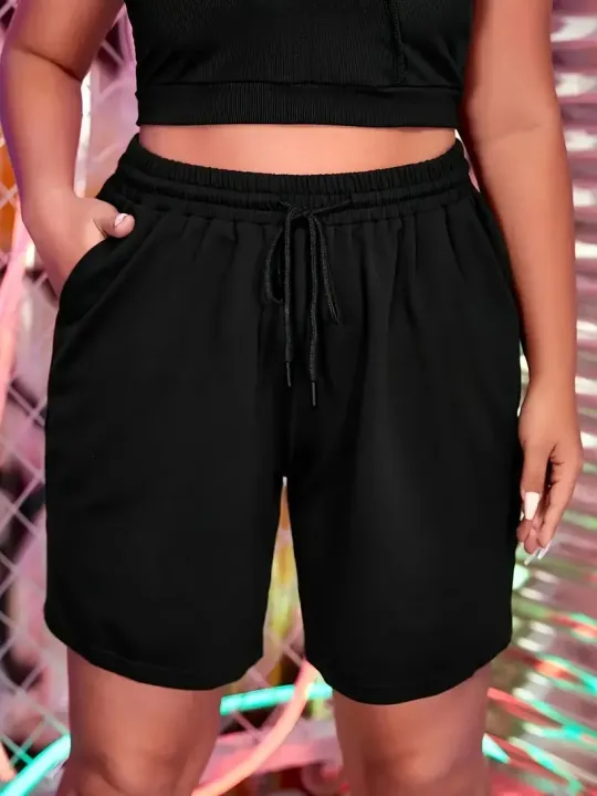Plus%20Size%20Solid%20Drawstring%20Shorts%20Casual%20Elastic%20Waistband%20Shorts%20For%20Spring%20&%20Summer%20Women's%20Plus%20Size%20Clothing%20-%20Image%203