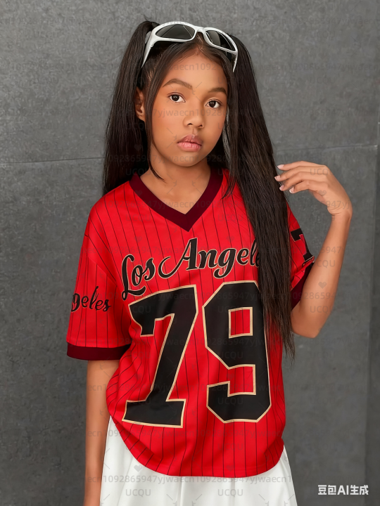 Girls%20Casual%20Sports%20Style%20Los%20Angeles%20NO.79%20Print%20Short%20Sleeve%20V-Neck%20Women's%20Children%20Men's%20T-shirt%20Tops%20-%20Image%203