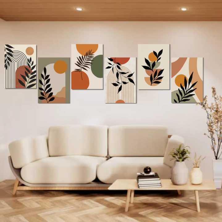 Set of 6 boho abstract art stocky tiles for wall decoration