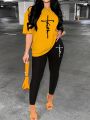 Women's Sports Outfit Set, Plus Size Abstract Figure Print long Sleeve T-shirt Top & Medium Stretch Comfy Pants Fitness Outfit. 
