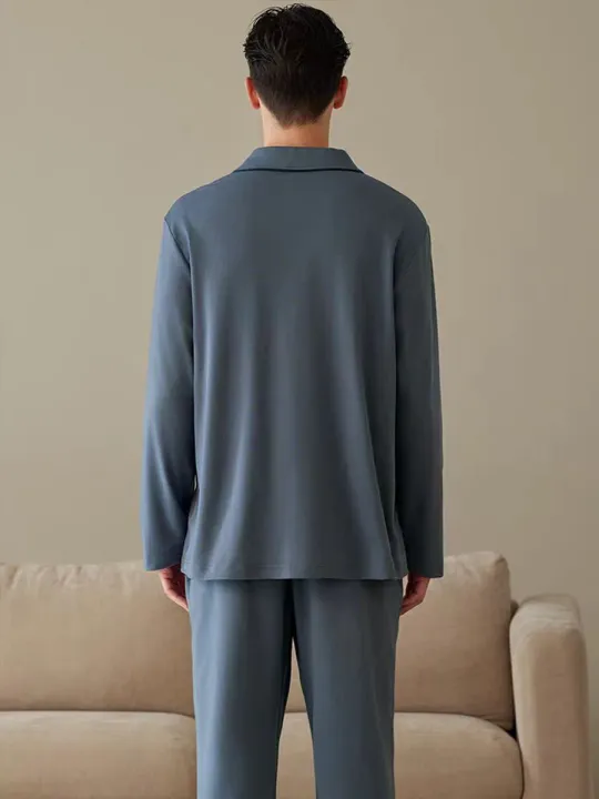 Pajamas%20Men's%20Long-Sleeved%20Spring%20and%20Autumn%20Men's%20Thin%20Youth%20Loose%20Home%20Clothes%20Two-Piece%20Suit%20-%20Image%202