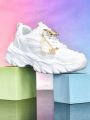 Women's Thick-Soled 5cm Height-Increasing Dad Shoes, Y2K Sweet-Cool Style, with Detachable Gold Butterfly Pearl Chain Decoration, Mesh Breathable Eva Irregular Sole, White Casual Sneakers, Trendy for Everyday Wear, Unique Design, Sweet Girl Style, Vers....