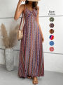 Women's Summer Ethnic Pattern Backless Split Thigh Dress Ladies Summer Clothes Boho Fashion Frill Trim Long Dress for Beach.
