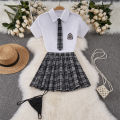 Transparent Short Sleeved Shirt Crop Top With Elastic Waist Pleated Plaid Skirt Preppy Student Cosplay Sweet Cute  Lingerie Set. 