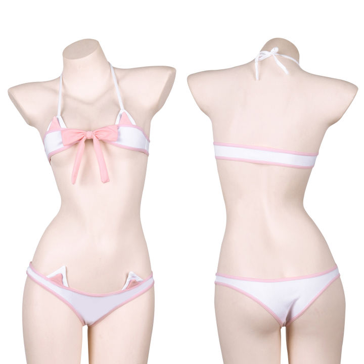 Cat Girl Mini Bikini Set Halter Bandage Backless Lingerie Bow Cosplay Costume Cute Japanese Swimsuit Role Play Underwear