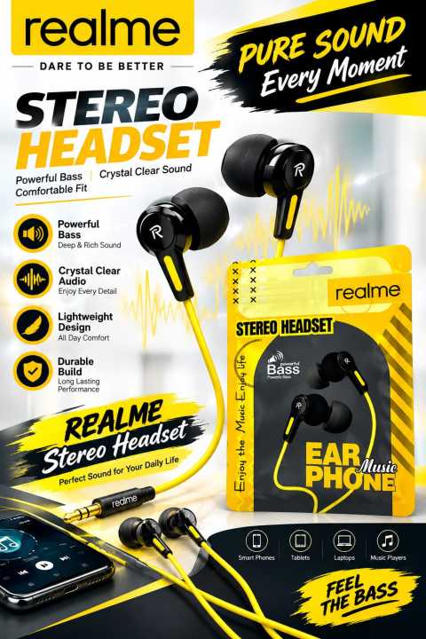 Realme Stereo Headset Earphone Powerful Bass | Crystal Clear Sound | Comfortable Fit Pre-Order/Promise to Sell - Order subject to confirmation & cancellation