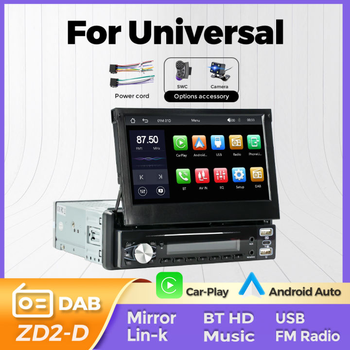 1Din 7" Auto Retractable Screen Car Multimedia Video Player Wireless CarPlay Android Auto Mirror link Built in AUX DAB Autoradio