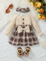 2024 New Baby Girls Autumn Long Sleeve With Bow Plaid Fahion  Cute Dress. 