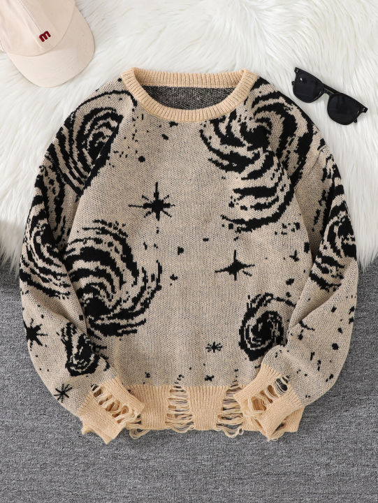 New Trendy Street Style Ripped Abstract Starry Sky Pattern Pullover Sweater Casual Round Neck Knitted Men's Pullover