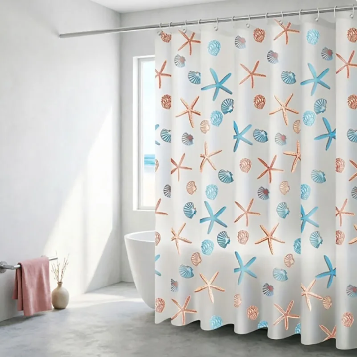 Starfish Seashell Plastic Shower Curtain Liner - Waterproof Bathroom Curtain for Bathtubs, Mildew Resistant Bath Curtain