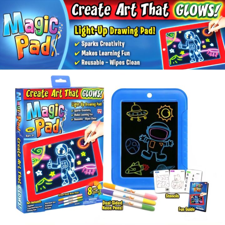 TAVORE Magic Pad Light-Up Drawing Board for Kids – Glowing Writing & Drawing Tablet with Neon Pens, Stencils & Fun Guide | Reusable & Educational Toy