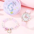 2Pcs Ladies Fashion Trend Roman Unicorn Digital Pink Leather Quartz Watch Simple Crystal Bracelet Set Christmas Birthday Gift. 