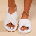 Solid Striped Women's Cotton Fabric Slippers Indoor Cross Strap Open Toe Flat Flip Flops Autumn Lightweight Comfort Slides. 