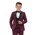 Elegant Burgundy Boy's Suit Set for Wedding, 3 Pieces Suit Set Elagent Tuxedo Sets Blazer Vest Pants Kids Photo Shot Oufit.