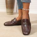 Women's Leather Flat Loafers with Gold-Tone Flower Accessory Round Apron Toe Low Block Heel Comfortable & Office Dress Shoes. 