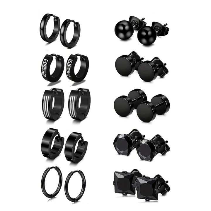 10pairs Earrings Black Stainless Steel Stud Earrings Set For Men Women, Fashion Piercing Jewelry Dangle Hoop Earrings Set