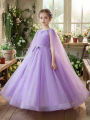 Elegant Purple Long Dress for Tween Girl,A Formal Gown Featuring Flowing Veil Belt Bow Decoration,Wedding,Birthday Party,Banquet. 