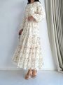 Long-Sleeved Floral Loose-Fitting Elegant Arabic Dress for Women. 
