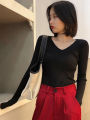 2026 Autumn Winter Women Solid Rib Knit V Neck Stripe Pull Sweater Femme Long Sleeve Pullover Jersey Tops Fashion Clothes Y2k. 