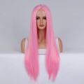 Synthetic Pink Long Straight Wig Middle Part Silky Soft Fashion Cosplay Party Costume Lolita Heat Resistant Daily Use. 