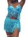 Belly Dance Top Bra Belt Set Latin Sequin Fringe Halter Hip Skirt Party Costume 4 Layer Tassel Stage Performance Cloth Wear.