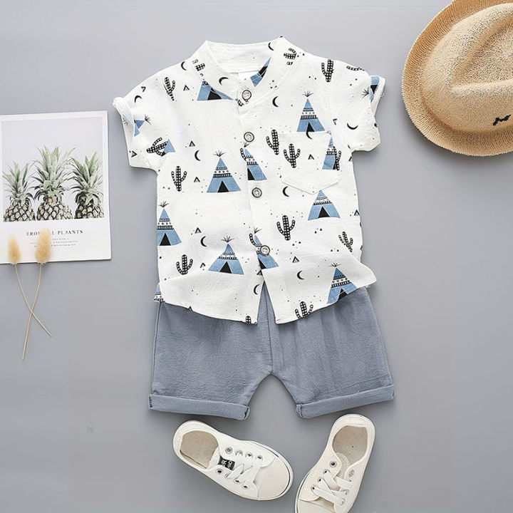 2PCS Baby Set Summer Fashion Pyramid Random Print Standing Neck Shirt Short Sleeve Shorts Set Christmas Gift ideas