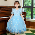 Girls Summer Mesh Dress Children Tulle Tutu Gown Kids Birthday A-Line Long Dresses 2025 Children Print Bow Short-sleeve Clothing.