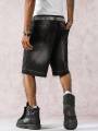 Men's Spring and Summer Street Fashion Casual Frayed-Hem Loose Wide-Leg Black Denim Shorts. 