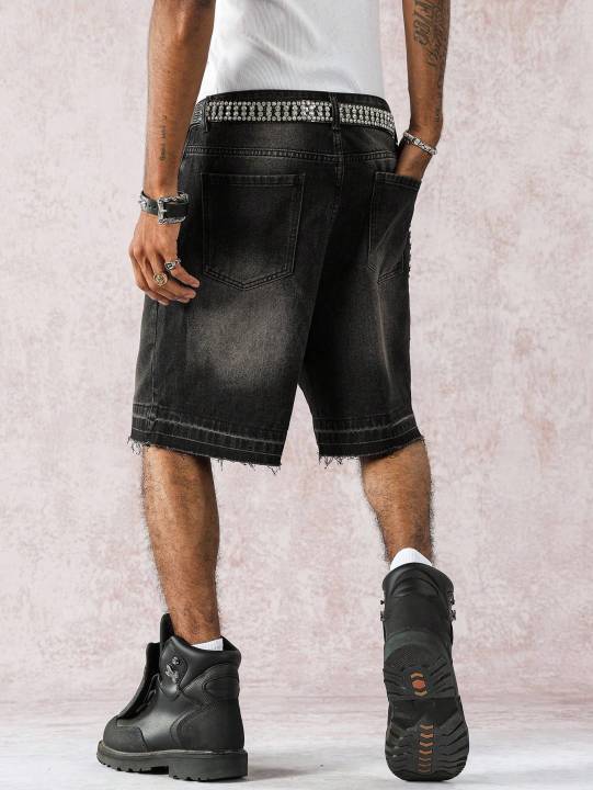 Men's%20Spring%20and%20Summer%20Street%20Fashion%20Casual%20Frayed-Hem%20Loose%20Wide-Leg%20Black%20Denim%20Shorts%20-%20Image%205