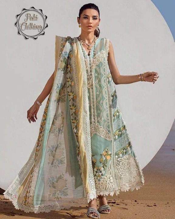Crimsonn 3Pcs Chickenkari Embroidered Suit with Organza Embroidered Dupatta & Lawn Trouser