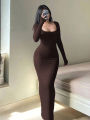Women's Solid Long Sleeve Bodycon Dress, Chic Basic Minimalist Causual Fashion Scoop Neck Long Dress, Womenswear. 