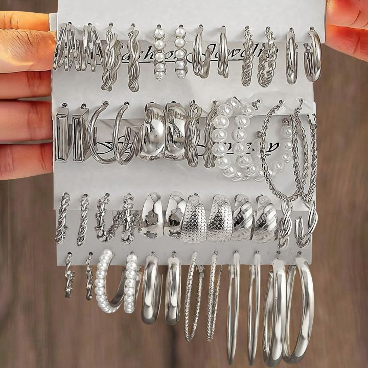 Fashion%20Geometric%20Hoop%20Earring%20Twisted%20Pattern%20Multi-Element%20Inlaid%20Imitation%20Pearl%20C-shaped%20Earring%20Women's%20Daily%20Party%20Jewelry%20-%20Image%202
