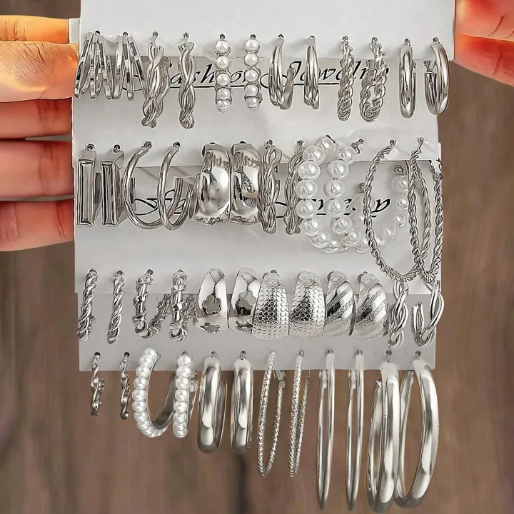 Fashion%20Geometric%20Hoop%20Earring%20Twisted%20Pattern%20Multi-Element%20Inlaid%20Imitation%20Pearl%20C-shaped%20Earring%20Women's%20Daily%20Party%20Jewelry%20-%20Image%202