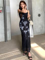 2026 Spring Summer New Women's Design Sense Stretch Mesh Rose Print Bodycon Cami Dress Korean-style Bodycon Maxi Dresses. 