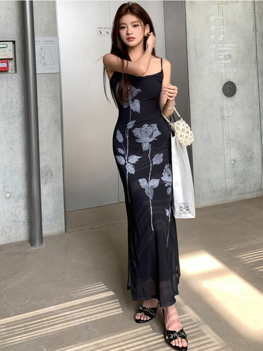 2026%20Spring%20Summer%20New%20Women's%20Design%20Sense%20Stretch%20Mesh%20Rose%20Print%20Bodycon%20Cami%20Dress%20Korean-style%20Bodycon%20Maxi%20Dresses%20-%20Image%203