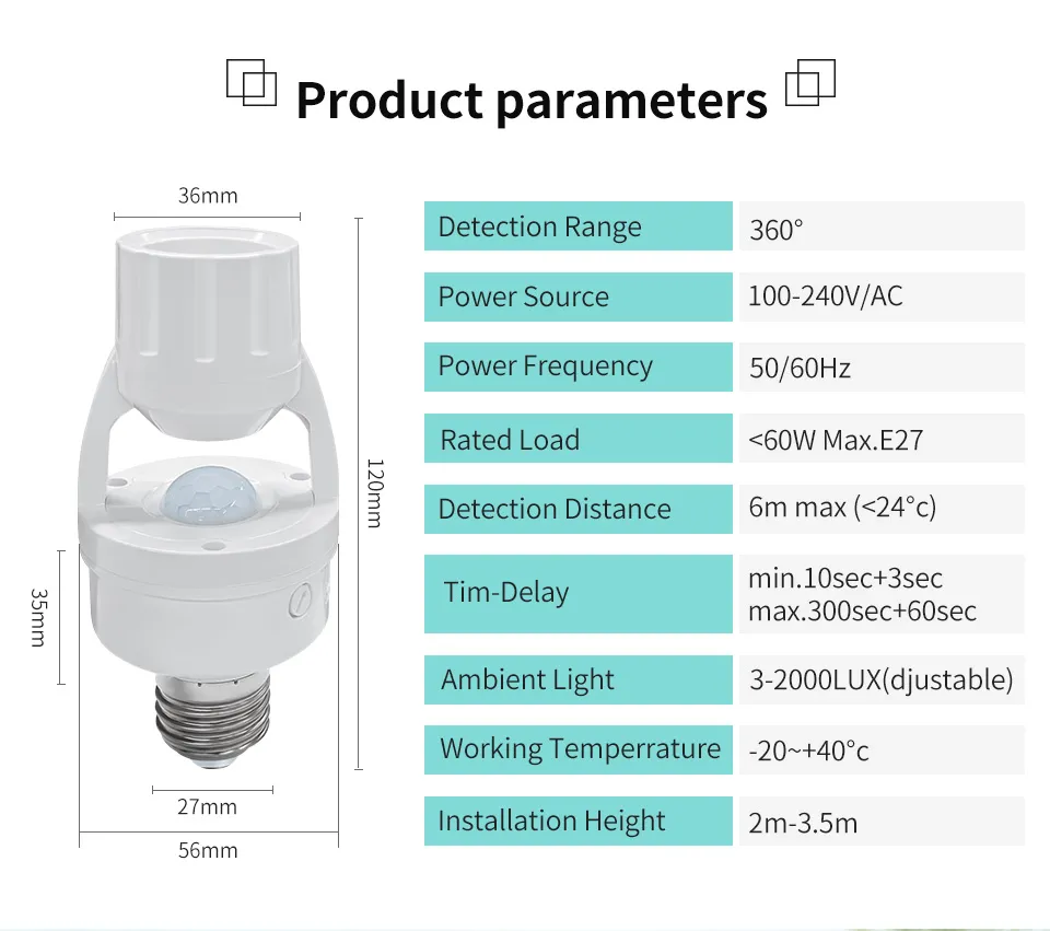 Smart E27 PIR Motion Sensor Light Switch - Side View