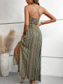Women's Summer Ethnic Pattern Backless Split Thigh Dress Ladies Summer Clothes Boho Fashion Frill Trim Long Dress for Beach.