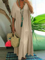 Plus Size 2025 Summer New V-neck Short Sleeve Pleated Solid Colour Loose Casual Midi Dress Basic Hem Pleated. 