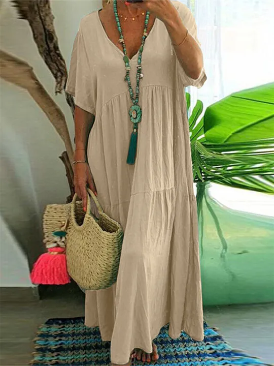plus%20Size%20Women's%20Casual%20Loose%20V-Neck%20Long%20Dress%20Solid%20Pleated%20Big%20Size%20Spring%20Summer%20Comfortable%20Fit%20Maxi%20Dress%20-%20Image%206